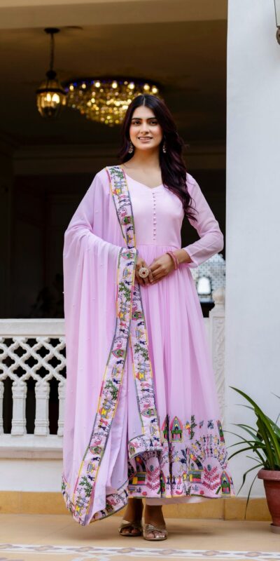 Alluring Pink Georgette Embroider Work Gown | Gowns, Bollywood Gowns, Creative Gowns, Designer Gowns, Embroidered Gowns, Party Wear Gowns
