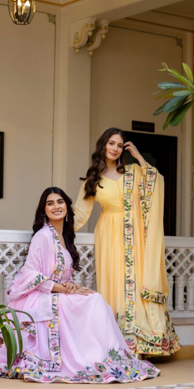Alluring Pink Georgette Embroider Work Gown | Gowns, Bollywood Gowns, Creative Gowns, Designer Gowns, Embroidered Gowns, Party Wear Gowns
