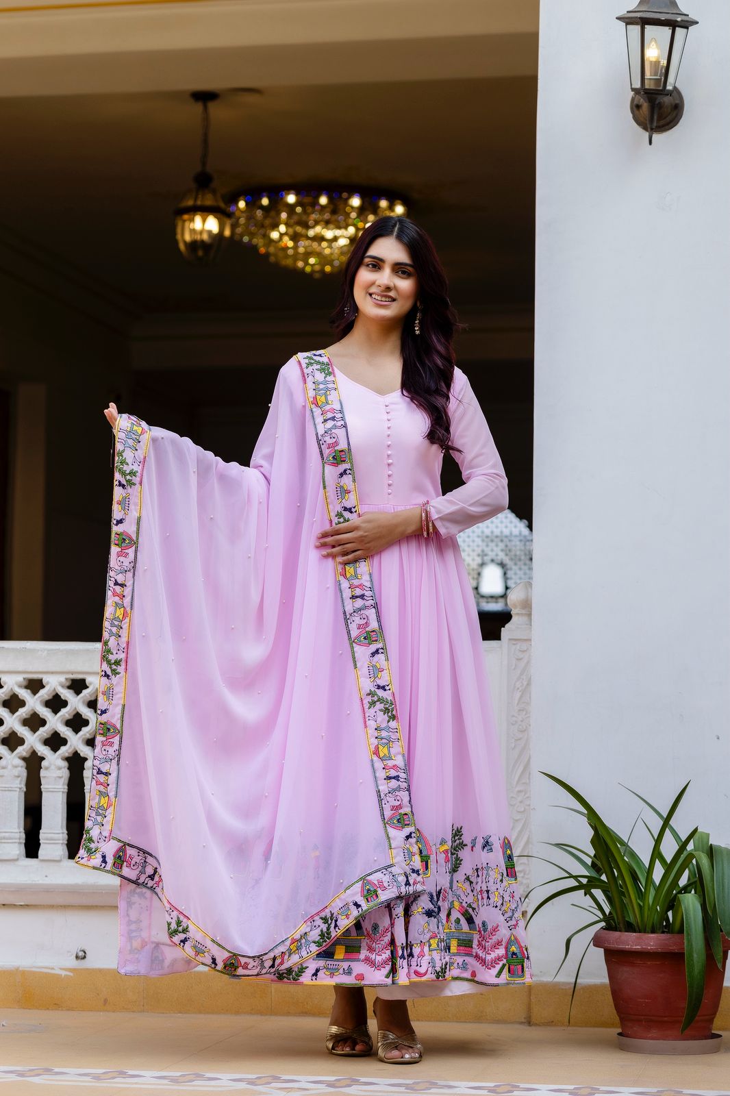 Alluring Pink Georgette Embroider Work Gown | Gowns, Bollywood Gowns, Creative Gowns, Designer Gowns, Embroidered Gowns, Party Wear Gowns