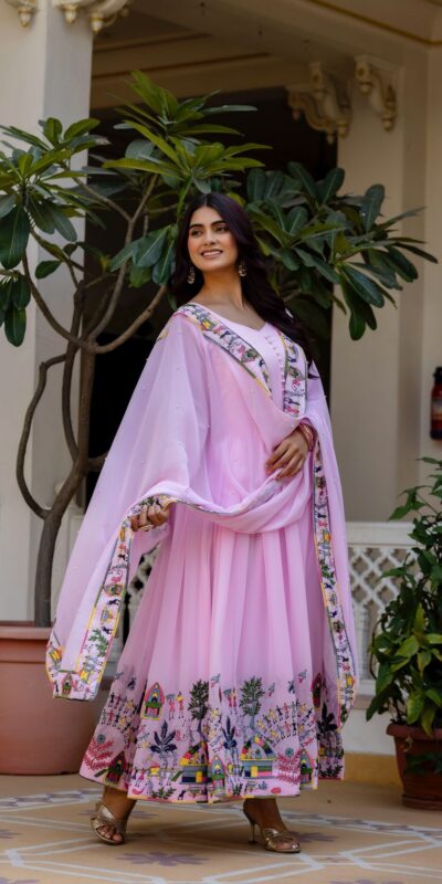 Alluring Pink Georgette Embroider Work Gown | Gowns, Bollywood Gowns, Creative Gowns, Designer Gowns, Embroidered Gowns, Party Wear Gowns