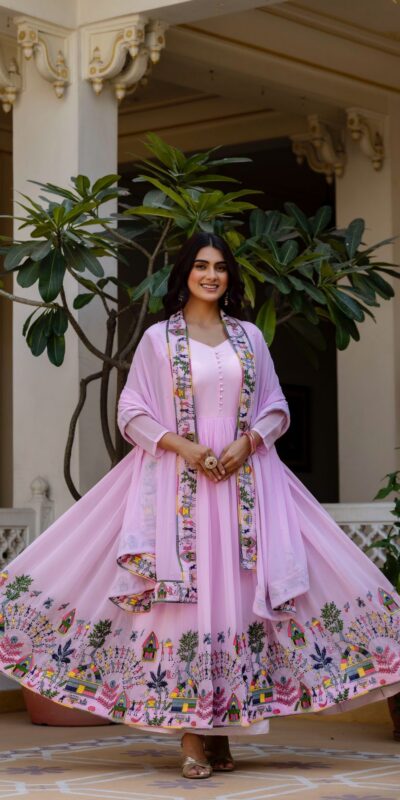 Alluring Pink Georgette Embroider Work Gown | Gowns, Bollywood Gowns, Creative Gowns, Designer Gowns, Embroidered Gowns, Party Wear Gowns