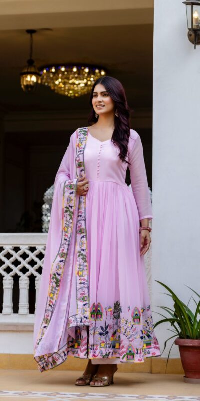Alluring Pink Georgette Embroider Work Gown | Gowns, Bollywood Gowns, Creative Gowns, Designer Gowns, Embroidered Gowns, Party Wear Gowns