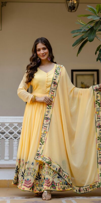 Alluring Yellow Georgette Embroider Work Gown | Gowns, Bollywood Gowns, Creative Gowns, Designer Gowns, Embroidered Gowns, Party Wear Gowns