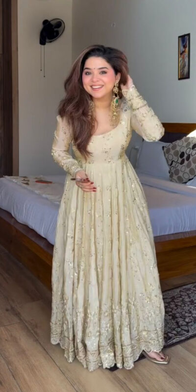 Attractive Cream Chinon Silk Sequence Work Gown | Gowns, Bollywood Gowns, Creative Gowns, Designer Gowns, Embroidered Gowns, Party Wear Gowns