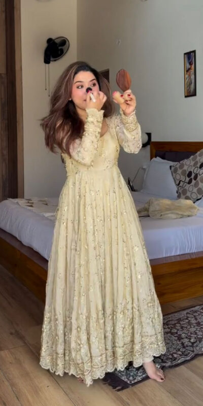 Attractive Cream Chinon Silk Sequence Work Gown | Gowns, Bollywood Gowns, Creative Gowns, Designer Gowns, Embroidered Gowns, Party Wear Gowns
