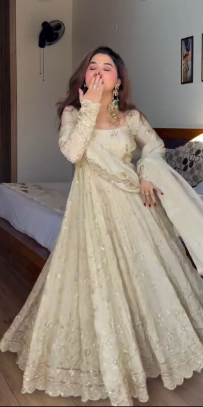 Attractive Cream Chinon Silk Sequence Work Gown | Gowns, Bollywood Gowns, Creative Gowns, Designer Gowns, Embroidered Gowns, Party Wear Gowns