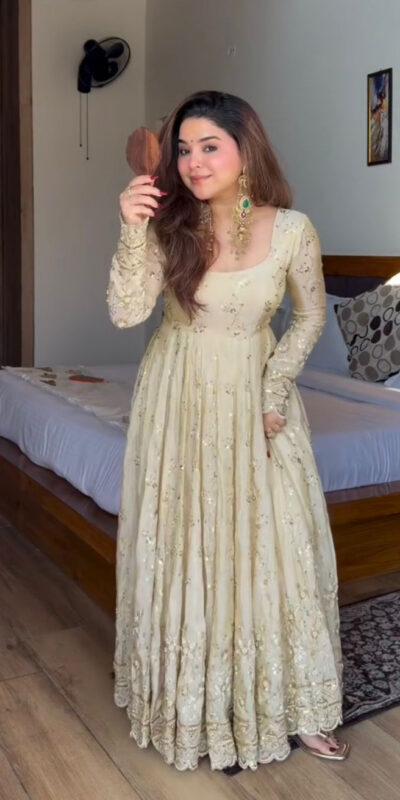 Attractive Cream Chinon Silk Sequence Work Gown | Gowns, Bollywood Gowns, Creative Gowns, Designer Gowns, Embroidered Gowns, Party Wear Gowns