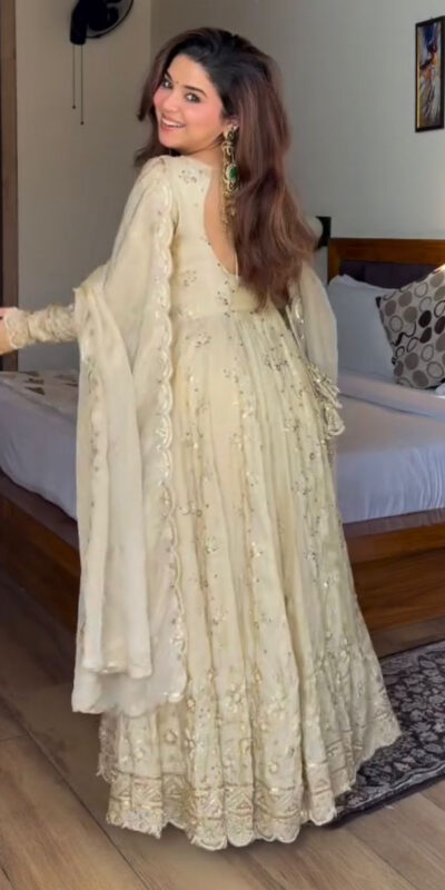 Attractive Cream Chinon Silk Sequence Work Gown | Gowns, Bollywood Gowns, Creative Gowns, Designer Gowns, Embroidered Gowns, Party Wear Gowns
