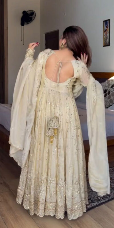 Attractive Cream Chinon Silk Sequence Work Gown | Gowns, Bollywood Gowns, Creative Gowns, Designer Gowns, Embroidered Gowns, Party Wear Gowns