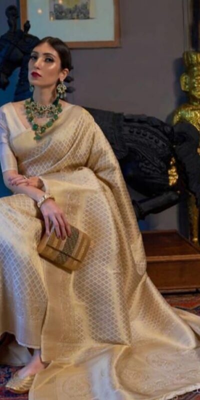 Attractive Off White Lichi Silk Jacquard Work Saree | Sarees, Bollywood Sarees, Creative Sarees, Designer Sarees, Embroidered Sarees, Ethnic Saree, Modern Digital sarees, Party Wear Sarees