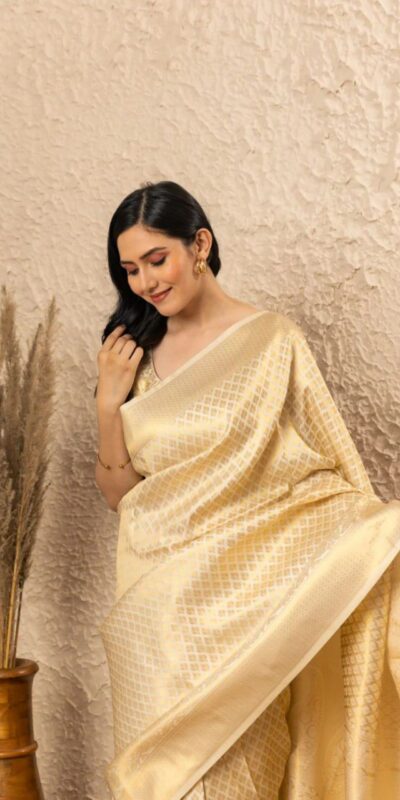 Attractive Off White Lichi Silk Jacquard Work Saree | Sarees, Bollywood Sarees, Creative Sarees, Designer Sarees, Embroidered Sarees, Ethnic Saree, Modern Digital sarees, Party Wear Sarees