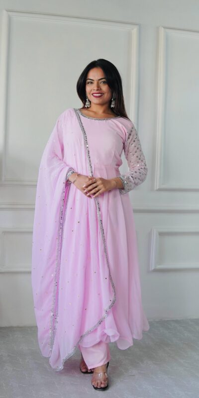 Baby Pink Foix Georgette Embroidery Work Anarkali Gown | Gowns, Bollywood Gowns, Creative Gowns, Designer Gowns, Embroidered Gowns, Party Wear Gowns