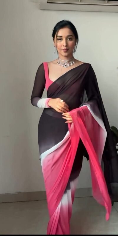 Black and Pink Soft Georgette Silk Ready To Wear Saree | Sarees, Bollywood Sarees, Creative Sarees, Designer Sarees, Embroidered Sarees, Ethnic Saree, Modern Digital sarees, Party Wear Sarees
