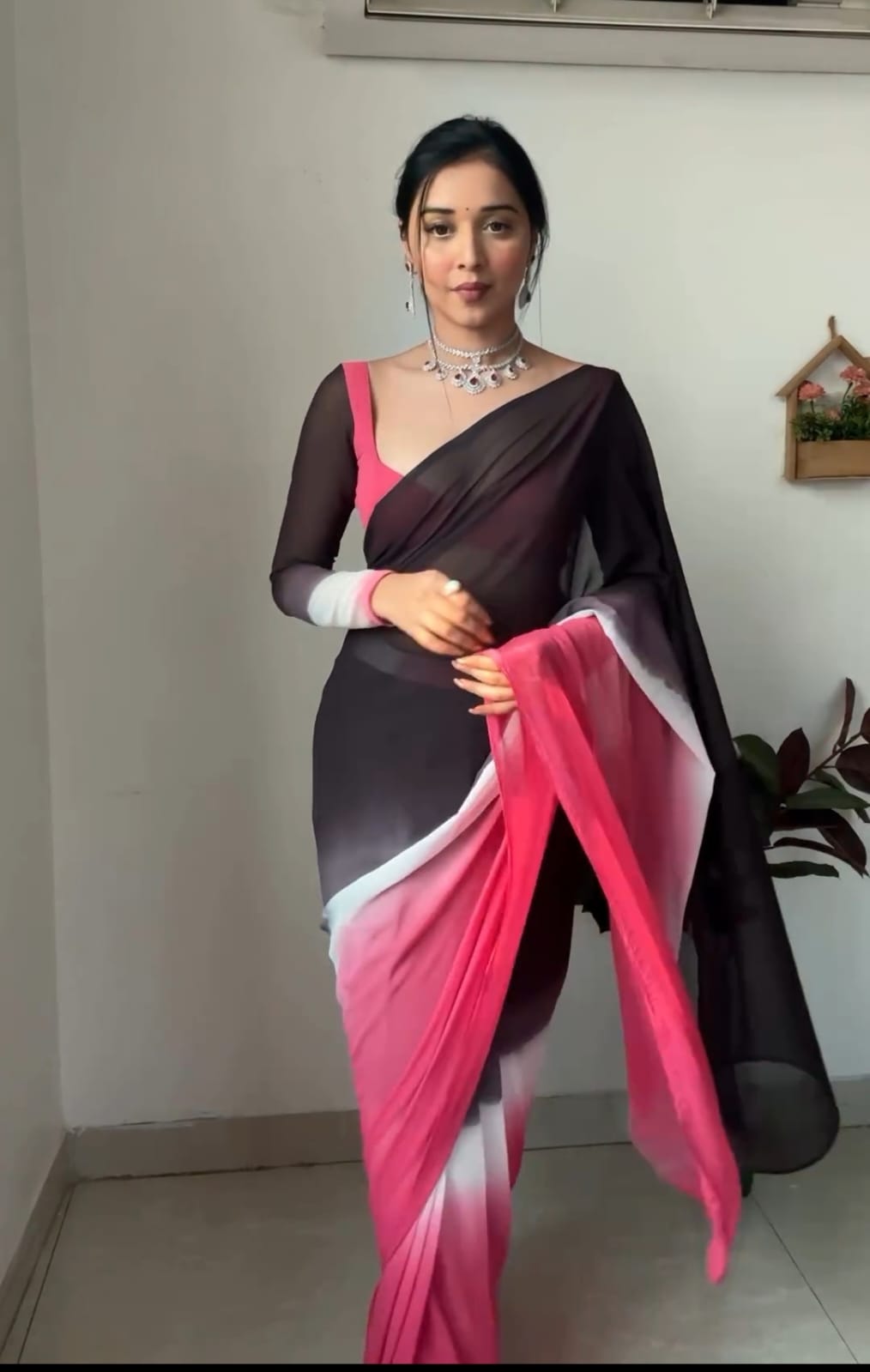 Black and Pink Soft Georgette Silk Ready To Wear Saree | Sarees, Bollywood Sarees, Creative Sarees, Designer Sarees, Embroidered Sarees, Ethnic Saree, Modern Digital sarees, Party Wear Sarees