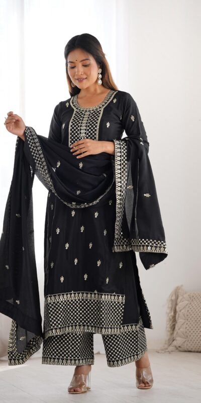 Black Chinon Silk Embroidery Jari Work Salwar Suit | Jump Suits, Salwar suit, Casual Suits, Creative suits, Designer Suits, Palazzo Suits, Party Wear Suits, Patiala Suits, Straight Suits