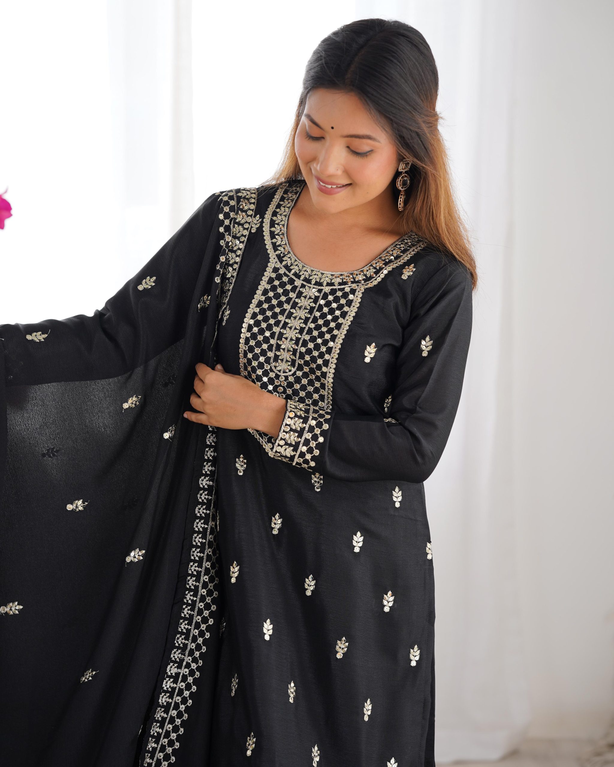 Black Chinon Silk Embroidery Jari Work Salwar Suit | Jump Suits, Salwar suit, Casual Suits, Creative suits, Designer Suits, Palazzo Suits, Party Wear Suits, Patiala Suits, Straight Suits