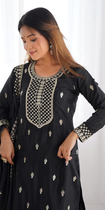 Black Chinon Silk Embroidery Jari Work Salwar Suit | Jump Suits, Salwar suit, Casual Suits, Creative suits, Designer Suits, Palazzo Suits, Party Wear Suits, Patiala Suits, Straight Suits