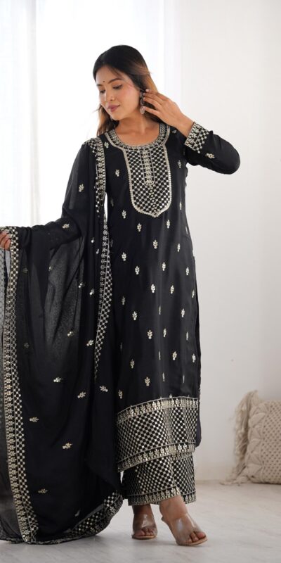 Black Chinon Silk Embroidery Jari Work Salwar Suit | Jump Suits, Salwar suit, Casual Suits, Creative suits, Designer Suits, Palazzo Suits, Party Wear Suits, Patiala Suits, Straight Suits