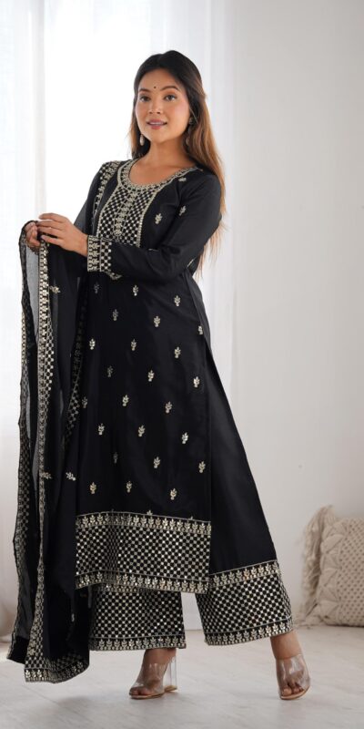 Black Chinon Silk Embroidery Jari Work Salwar Suit | Jump Suits, Salwar suit, Casual Suits, Creative suits, Designer Suits, Palazzo Suits, Party Wear Suits, Patiala Suits, Straight Suits