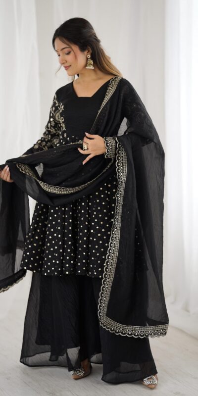 Black Crunchy Silk Embroidery Work Salwar Suit | Jump Suits, Salwar suit, Casual Suits, Creative suits, Designer Suits, Palazzo Suits, Party Wear Suits, Patiala Suits, Straight Suits