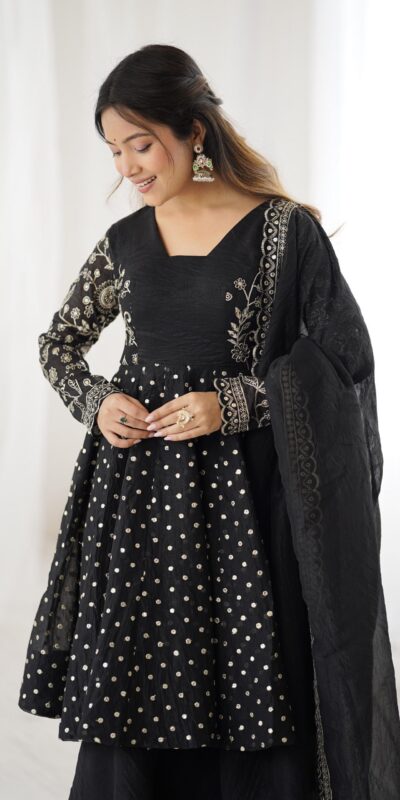 Black Crunchy Silk Embroidery Work Salwar Suit | Jump Suits, Salwar suit, Casual Suits, Creative suits, Designer Suits, Palazzo Suits, Party Wear Suits, Patiala Suits, Straight Suits