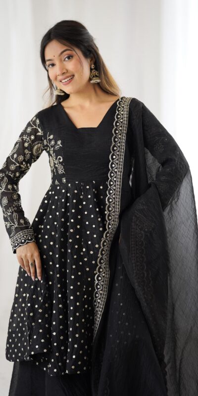Black Crunchy Silk Embroidery Work Salwar Suit | Jump Suits, Salwar suit, Casual Suits, Creative suits, Designer Suits, Palazzo Suits, Party Wear Suits, Patiala Suits, Straight Suits