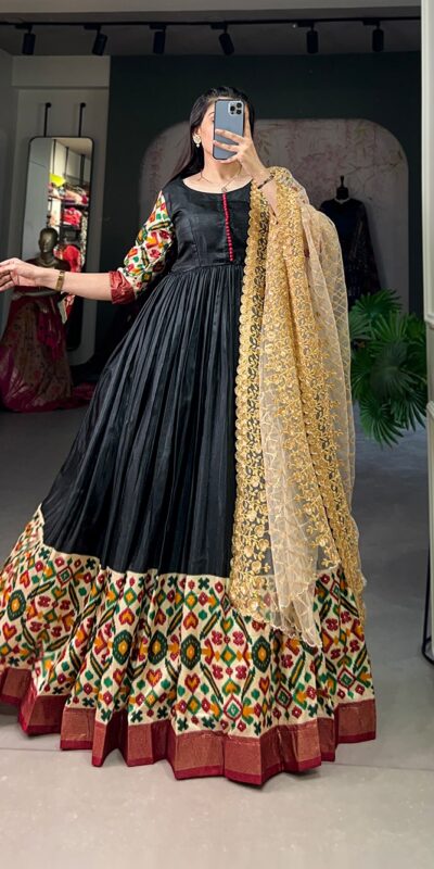 Black Dola Silk Print Foil Work With Dupatta Gown | Gowns, Bollywood Gowns, Creative Gowns, Designer Gowns, Embroidered Gowns, Party Wear Gowns