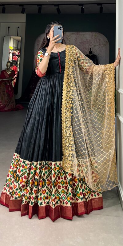 Black Dola Silk Print Foil Work With Dupatta Gown | Gowns, Bollywood Gowns, Creative Gowns, Designer Gowns, Embroidered Gowns, Party Wear Gowns