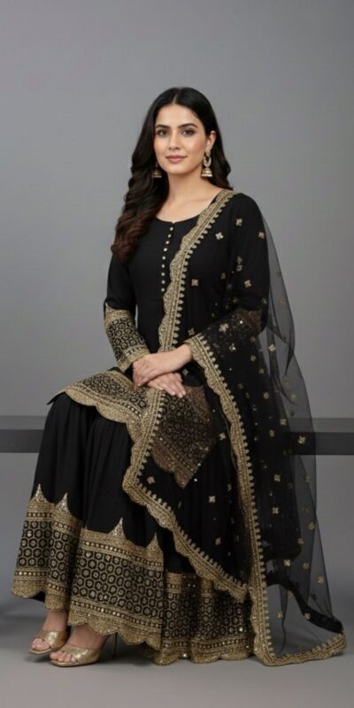 Black Faux Georgette Embroider Salwar Suit | Jump Suits, Salwar suit, Casual Suits, Creative suits, Designer Suits, Palazzo Suits, Party Wear Suits, Patiala Suits, Straight Suits