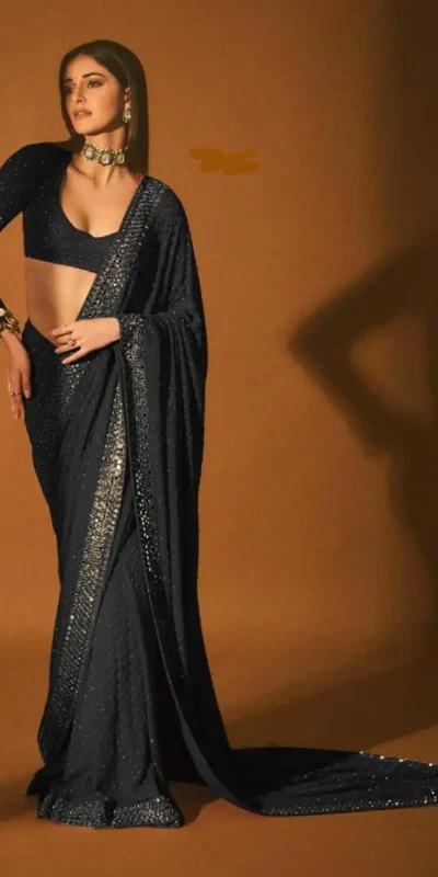 Black Faux Georgette Embroidery Mirror Work Saree | Sarees, Bollywood Sarees, Creative Sarees, Designer Sarees, Embroidered Sarees, Ethnic Saree, Modern Digital sarees, Party Wear Sarees