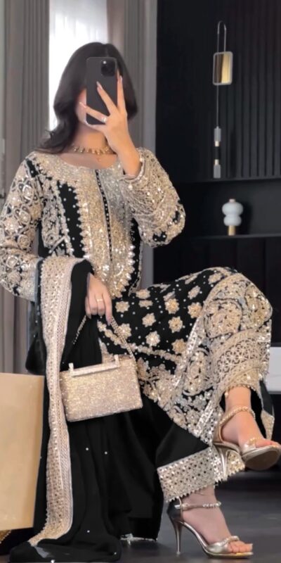 Black Faux Georgette Embroidery Salwar Suit | Jump Suits, Salwar suit, Casual Suits, Creative suits, Designer Suits, Palazzo Suits, Party Wear Suits, Patiala Suits, Straight Suits
