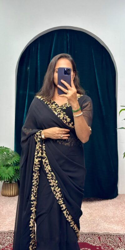 Black Faux Georgette Embroidery Work Border Stitched Saree-Gown | Gowns, Bollywood Gowns, Creative Gowns, Designer Gowns, Embroidered Gowns, Party Wear Gowns, Straight Suits