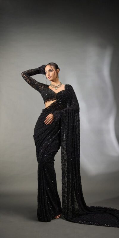 Black Faux Georgette Multi Embroider Work Saree | Sarees, Bollywood Sarees, Creative Sarees, Designer Sarees, Embroidered Sarees, Ethnic Saree, Modern Digital sarees, Party Wear Sarees