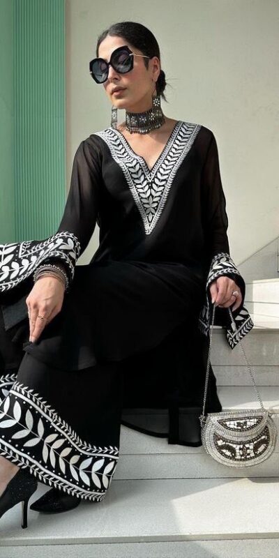 Black Faux Georgette Sequence Hand Work Salwar Suit | Jump Suits, Salwar suit, Casual Suits, Creative suits, Designer Suits, Palazzo Suits, Party Wear Suits, Patiala Suits, Straight Suits