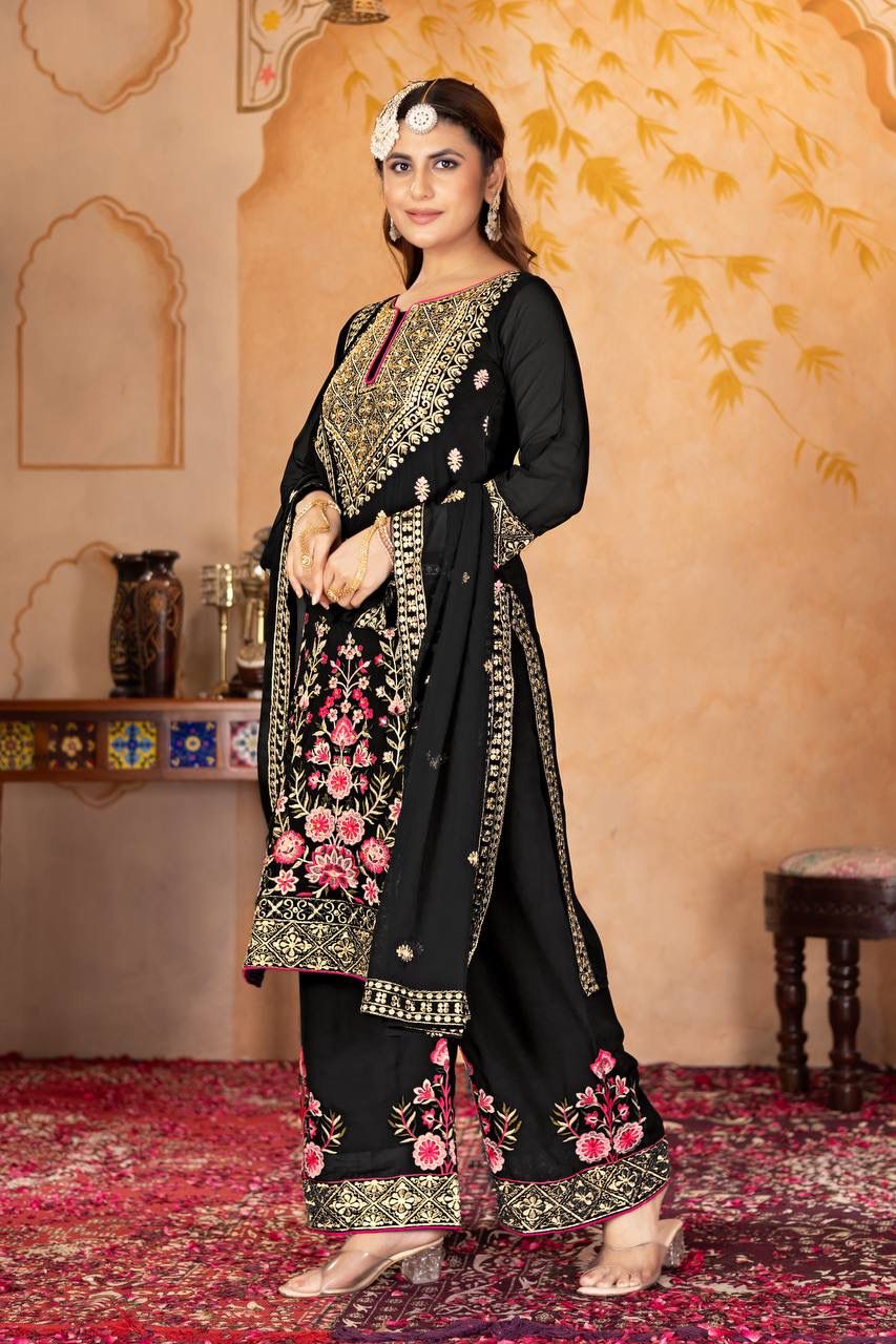Black Faux Georgette With Embroidery Work Salwar Suit | Jump Suits, Salwar suit, Casual Suits, Creative suits, Designer Suits, Palazzo Suits, Party Wear Suits, Patiala Suits, Straight Suits