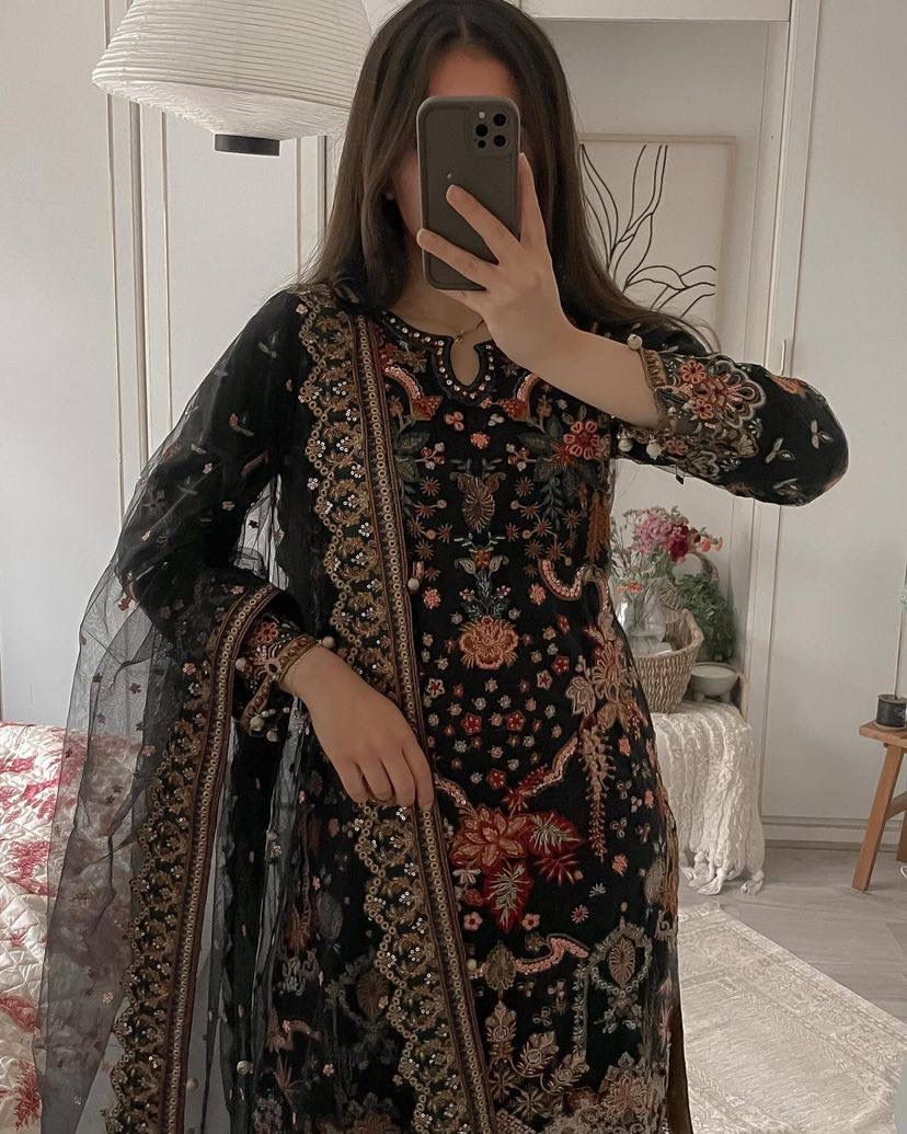Black Faux Georgette With Sequence Work Salwar Suit | Jump Suits, Salwar suit, Casual Suits, Creative suits, Designer Suits, Palazzo Suits, Party Wear Suits, Patiala Suits, Straight Suits