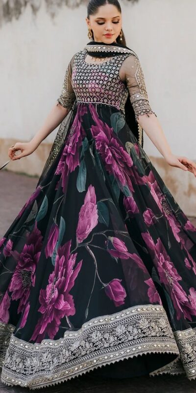 Black Foix Georgette with digital print Anarkali Gown | Gowns, Bollywood Gowns, Creative Gowns, Designer Gowns, Embroidered Gowns, Party Wear Gowns