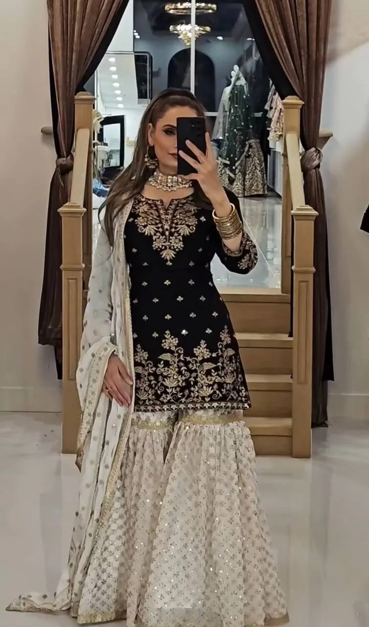 Black Fox Georgette Embroidery Lace Work Salwar Suit | Jump Suits, Tops & Bottoms, Track Suits, Salwar suit, Casual Suits, Creative suits, Designer Suits, Palazzo Suits, Party Wear Suits, Patiala Suits, Straight Suits, Trendy Wear