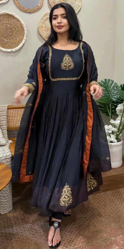 Black Fox Georgette With Embroidery Gown | Gowns, Bollywood Gowns, Creative Gowns, Designer Gowns, Embroidered Gowns, Party Wear Gowns
