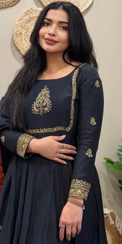 Black Fox Georgette With Embroidery Gown | Gowns, Bollywood Gowns, Creative Gowns, Designer Gowns, Embroidered Gowns, Party Wear Gowns