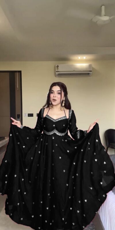 Black Georgette Sequence Gown | Gowns, Bollywood Gowns, Creative Gowns, Designer Gowns, Embroidered Gowns, Party Wear Gowns