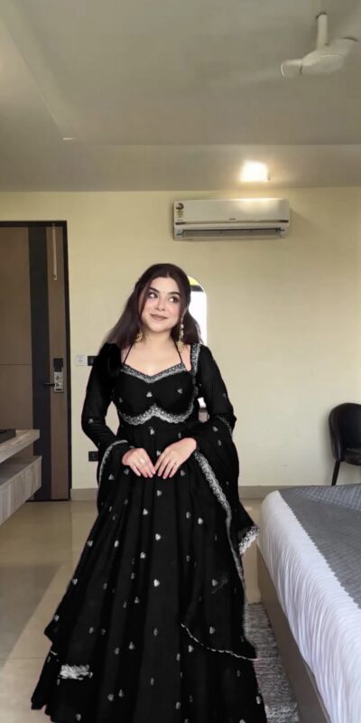 Black Georgette Sequence Gown | Gowns, Bollywood Gowns, Creative Gowns, Designer Gowns, Embroidered Gowns, Party Wear Gowns