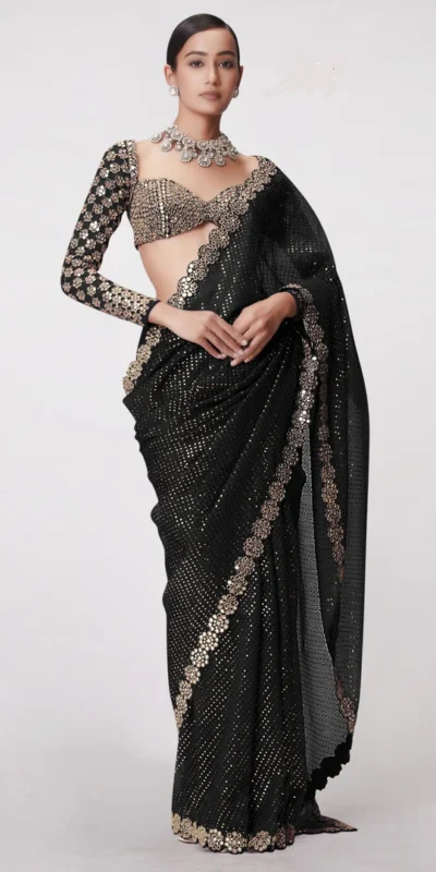 Black Georgette Sequence Work Saree | Sarees, Bollywood Sarees, Creative Sarees, Designer Sarees, Embroidered Sarees, Ethnic Saree, Modern Digital sarees, Party Wear Sarees