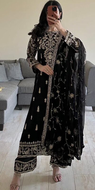 Black Georgette Thread With Sequence Salwar Suit | Jump Suits, Salwar suit, Casual Suits, Creative suits, Designer Suits, Palazzo Suits, Party Wear Suits, Patiala Suits, Straight Suits