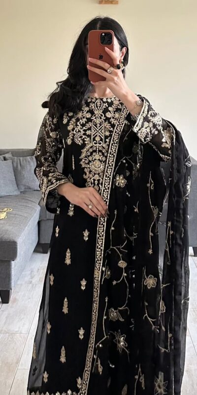 Black Georgette Thread With Sequence Salwar Suit | Jump Suits, Salwar suit, Casual Suits, Creative suits, Designer Suits, Palazzo Suits, Party Wear Suits, Patiala Suits, Straight Suits