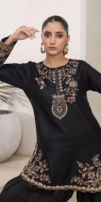 Black Natural Crep Embroidery Work Salwar Suit | Jump Suits, Salwar suit, Casual Suits, Creative suits, Designer Suits, Palazzo Suits, Party Wear Suits, Patiala Suits, Straight Suits