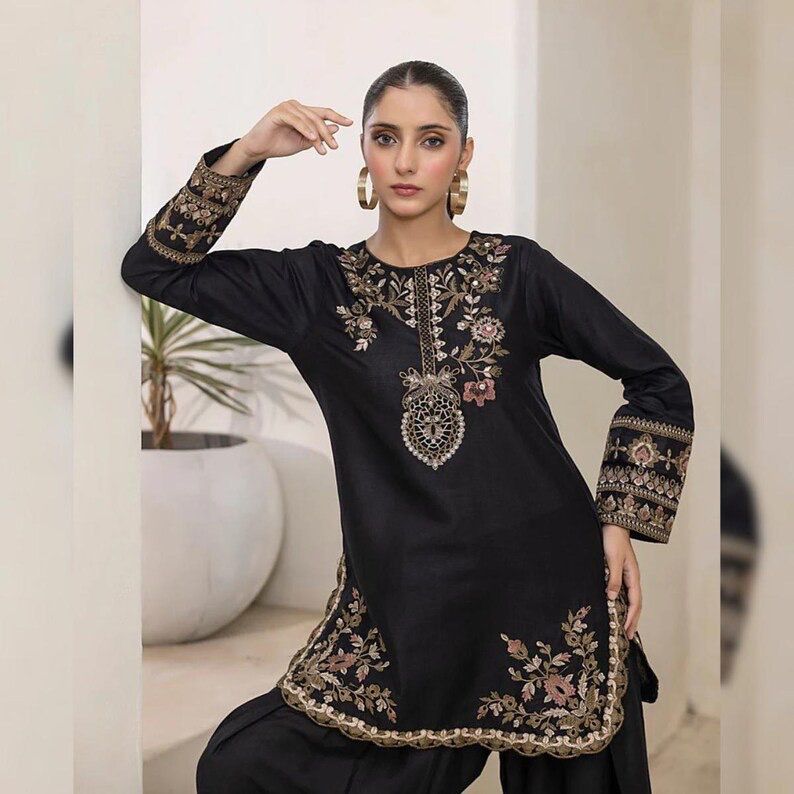 Black Natural Crep Embroidery Work Salwar Suit | Jump Suits, Salwar suit, Casual Suits, Creative suits, Designer Suits, Palazzo Suits, Party Wear Suits, Patiala Suits, Straight Suits