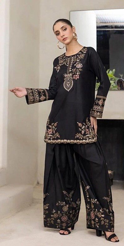 Black Natural Crep Embroidery Work Salwar Suit | Jump Suits, Salwar suit, Casual Suits, Creative suits, Designer Suits, Palazzo Suits, Party Wear Suits, Patiala Suits, Straight Suits