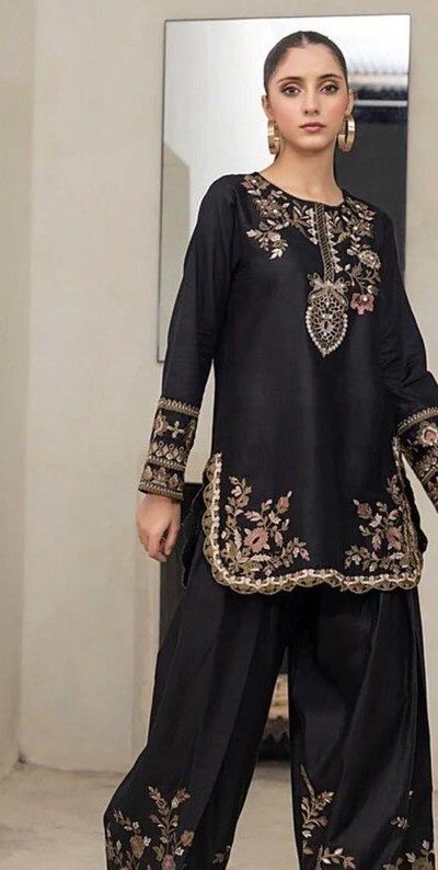 Black Natural Crep Embroidery Work Salwar Suit | Jump Suits, Salwar suit, Casual Suits, Creative suits, Designer Suits, Palazzo Suits, Party Wear Suits, Patiala Suits, Straight Suits