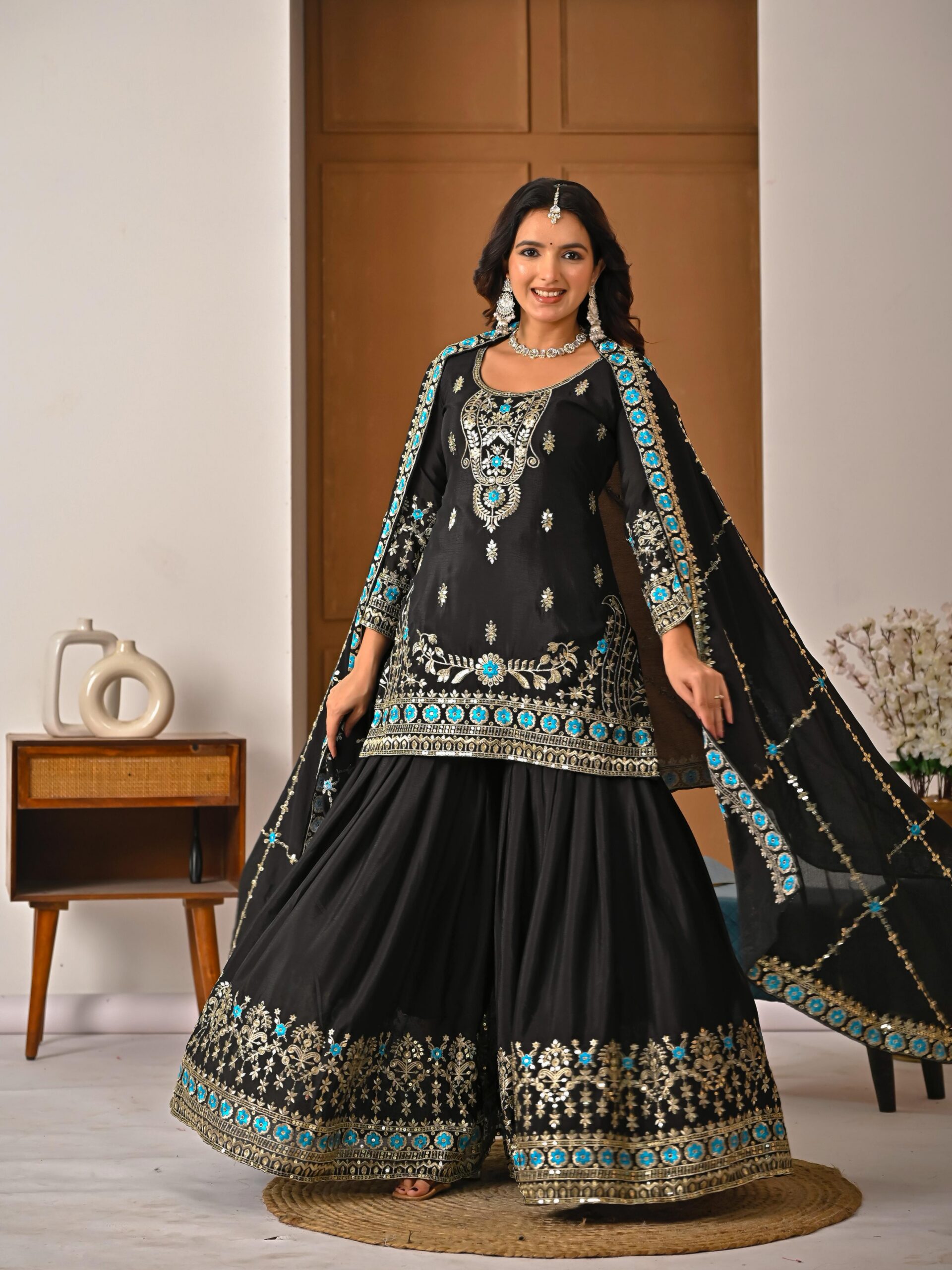Black NC Vichitra Silk Embroidery Work Salwar Suit | Jump Suits, Salwar suit, Casual Suits, Creative suits, Designer Suits, Palazzo Suits, Party Wear Suits, Patiala Suits, Straight Suits
